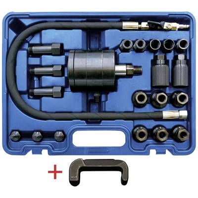 Gereedschapskist met verschillende metalen opzetstukken, slangen en verbindingsstukken, gerangschikt in een blauwe kunststof doos.