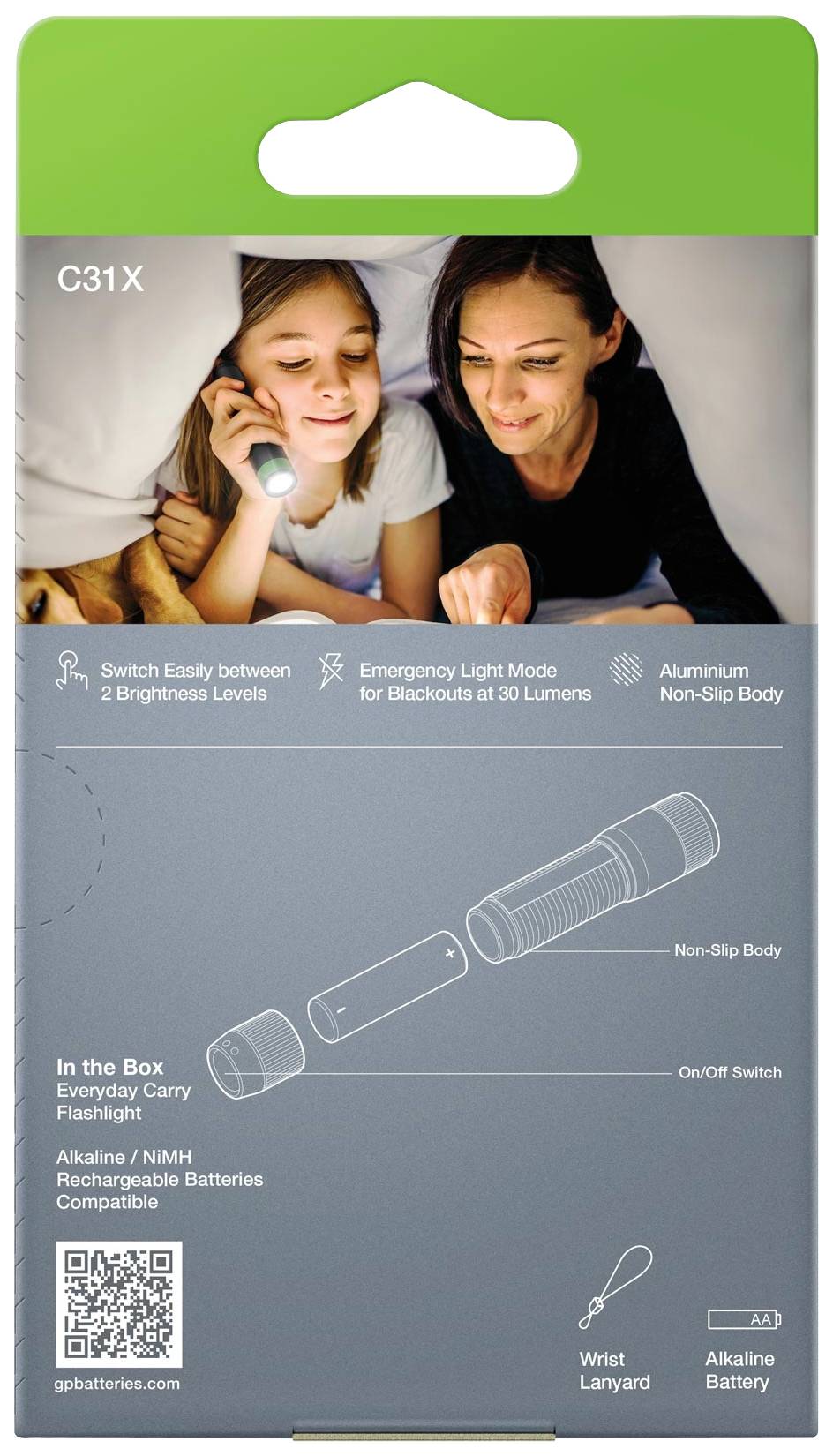Een verpakking toont twee personen met een zaklamp. Tekst beschrijft functies: 2 helderheidsniveaus, noodlichtmodus, slipvaste behuizing.