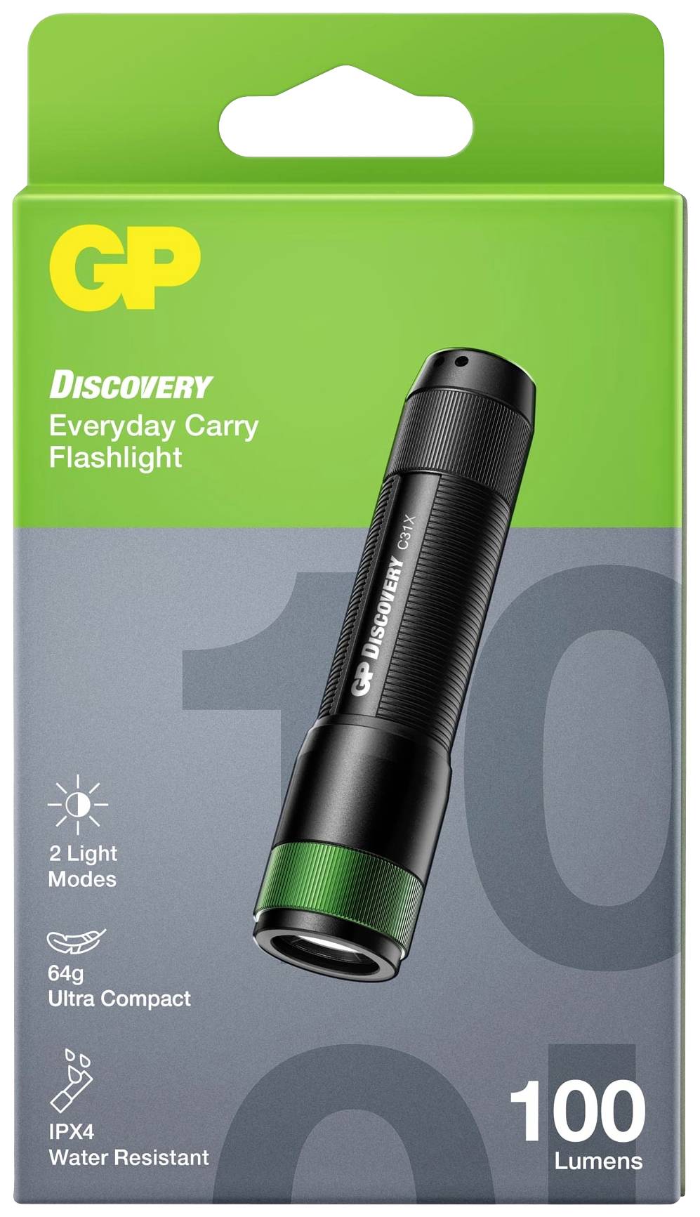 'GP Discovery Zaklamp', compacte zwarte zaklamp op groene achtergrond. Tekst: '2 lichtmodi, 64g, IPX4 waterdicht, 100 lumen'.