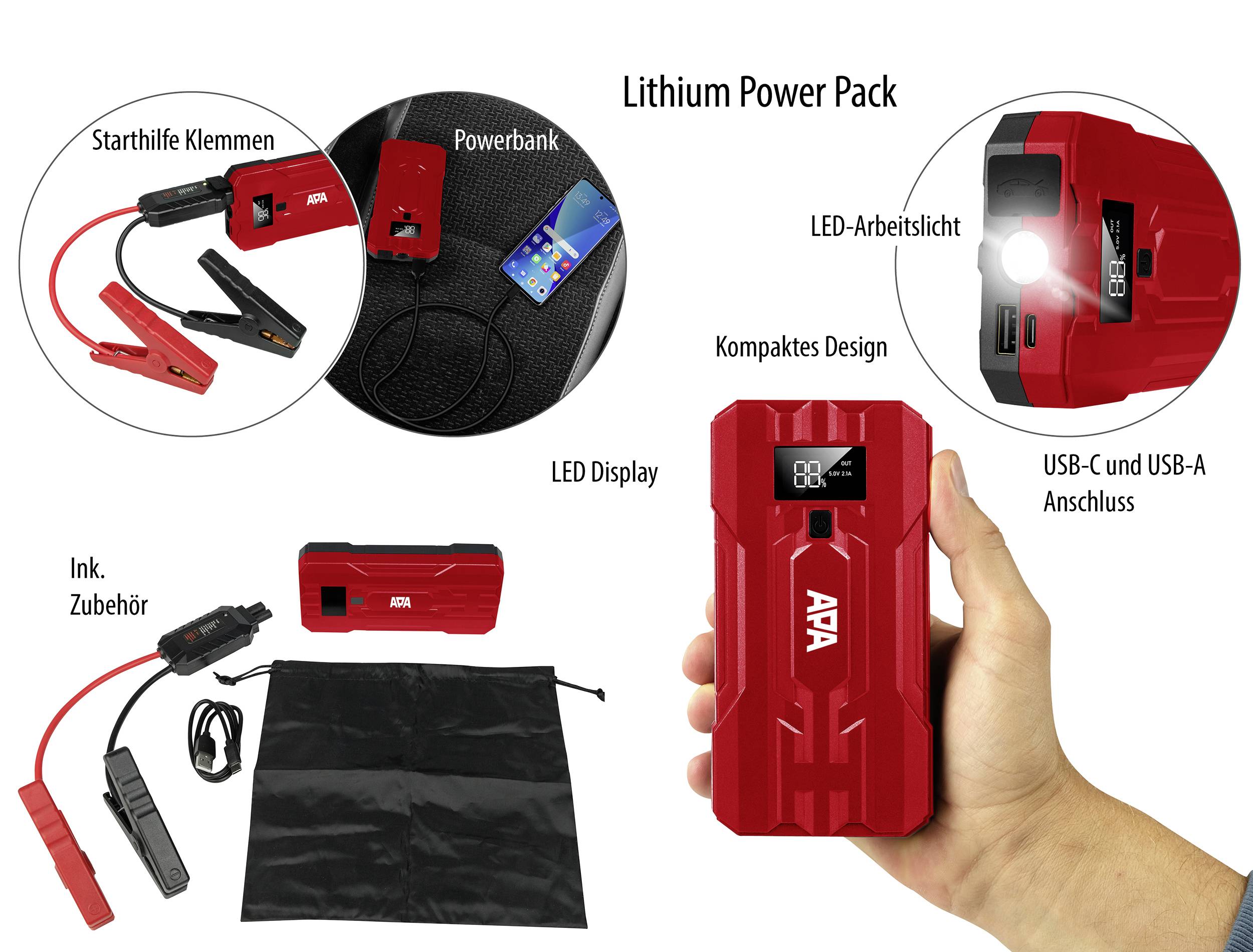 Een powerbank met LED-display en USB-poorten. Bevat startkabels, LED-werklicht, toebehoren en een tas. Compact ontwerp.