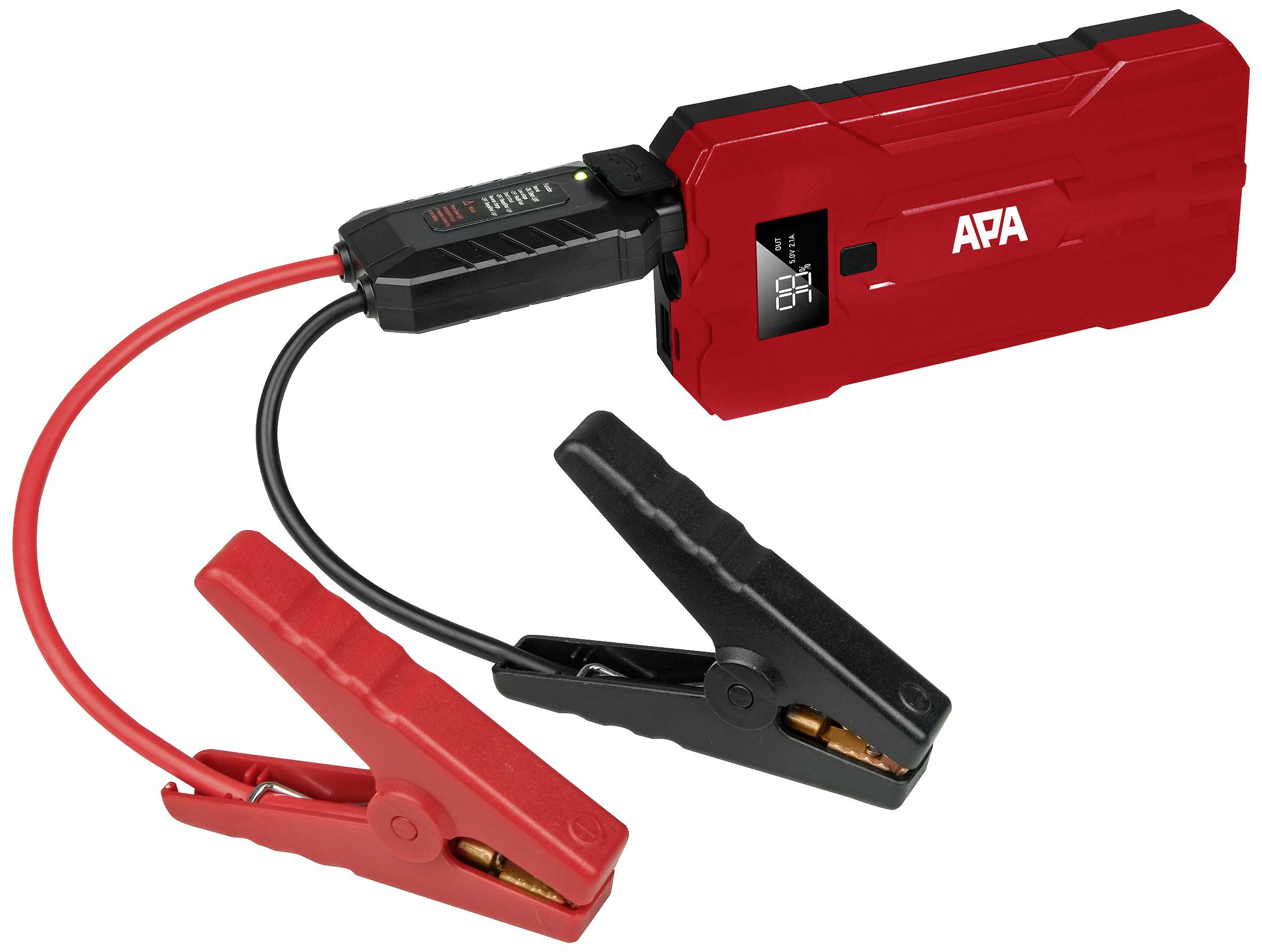'Rode en zwarte startkabels aan een rood lithium-startapparaat. Apparaat toont batterijniveau met LED-indicatoren.'