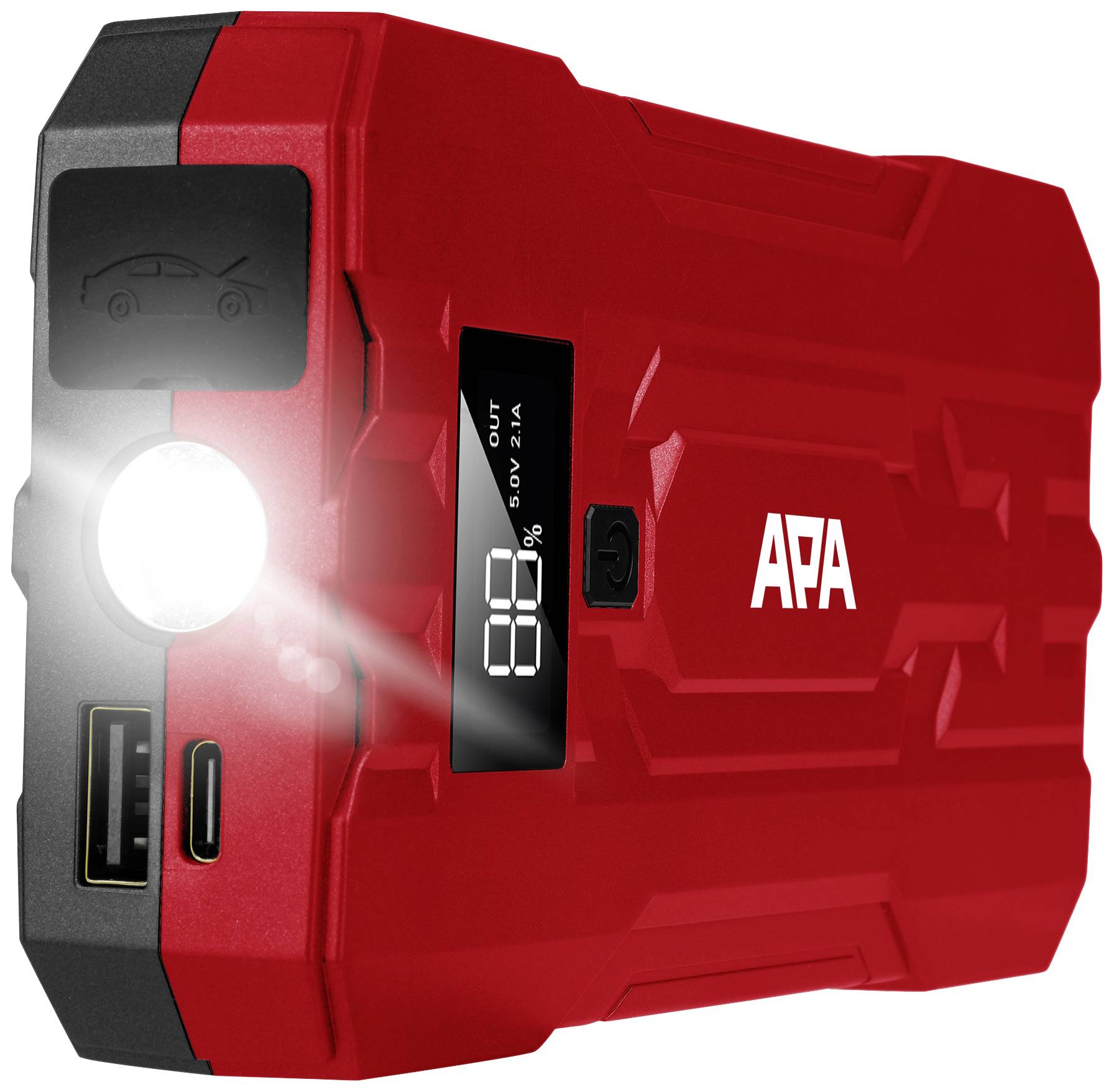 Rood draagbaar oplaadstation met zaklamp, USB-aansluitingen en LED-display voor batterijpercentage.