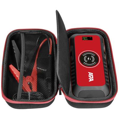 De afbeelding toont een geopende etui met een rode powerbank die draadloos opladen ondersteunt. Ernaast zijn starthulpkabels te zien.