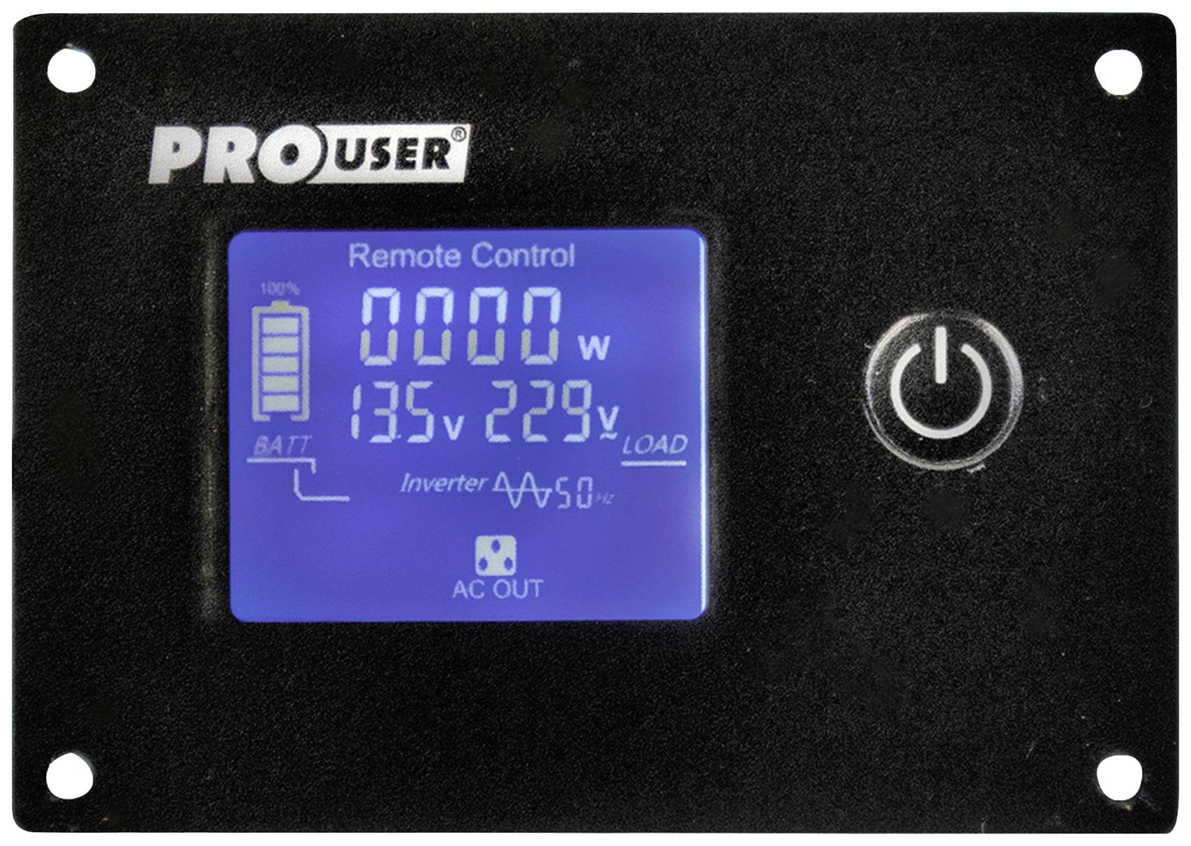 Zwart display-paneel met digitale weergave voor afstandsbediening, stroomverbruik in watt, batterijsymbool, spanning 13,5V en 229V, aan-/uitknop.