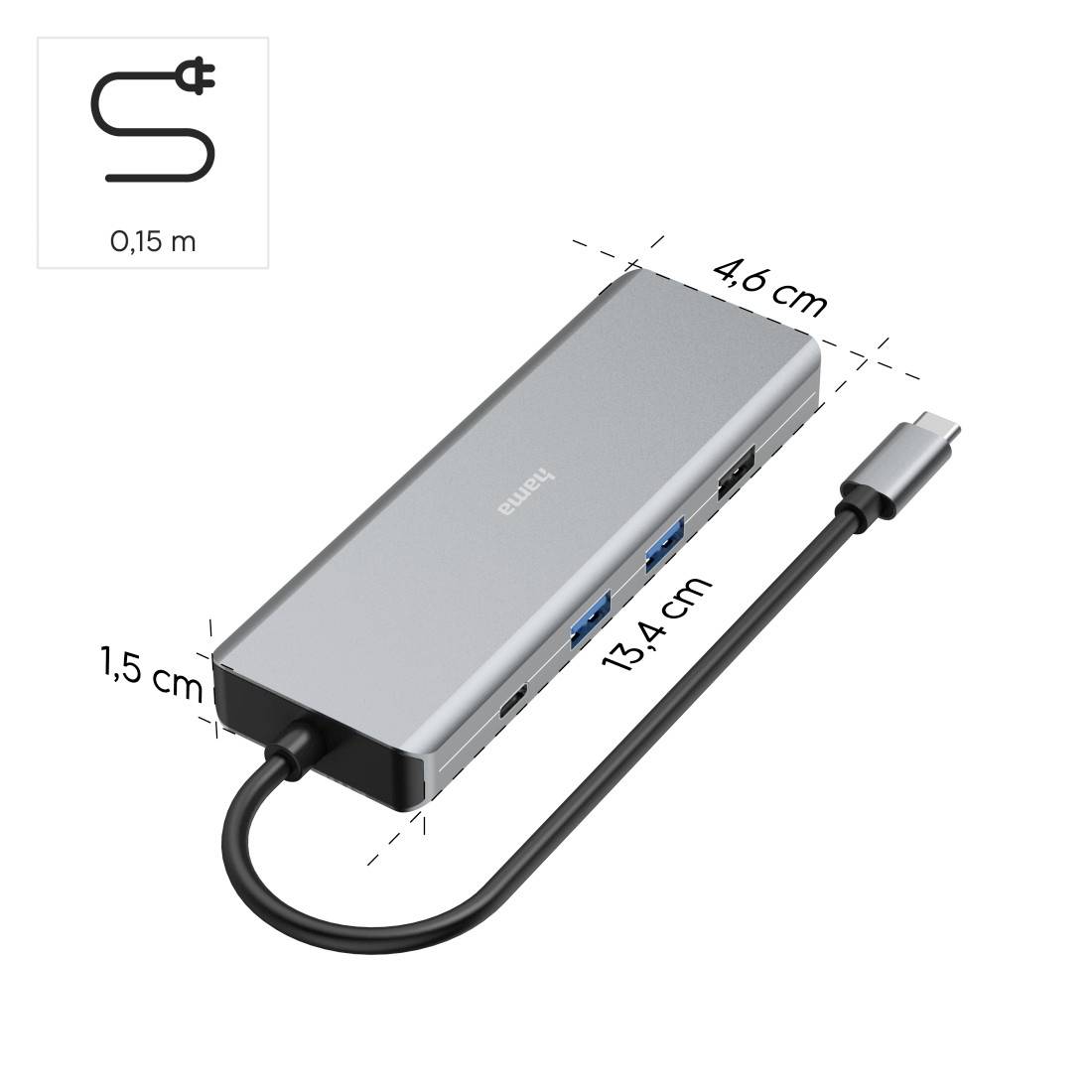 Zilveren USB-C-hub met drie USB-poorten en een kort kabel. Afmetingen: 13,4 cm lang, 4,6 cm breed, 1,5 cm hoog, kabel 0,15 m.