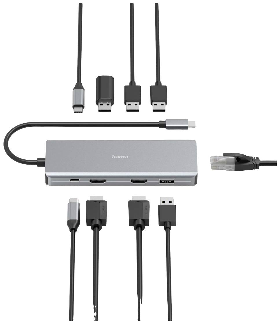 Afgebeeld is een USB-C-docking hub met aansluitingen voor HDMI, USB en Ethernet, inclusief bijbehorende kabels.