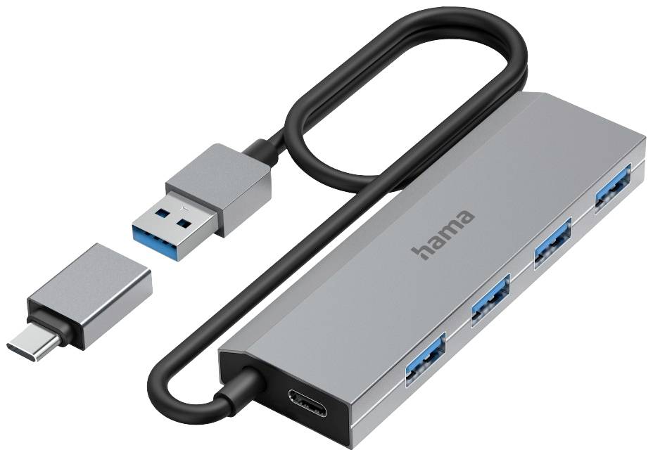 USB-hub met vier USB-poorten, één USB-C-poort en een USB-C-adapter. Hama-logo op de bovenkant.