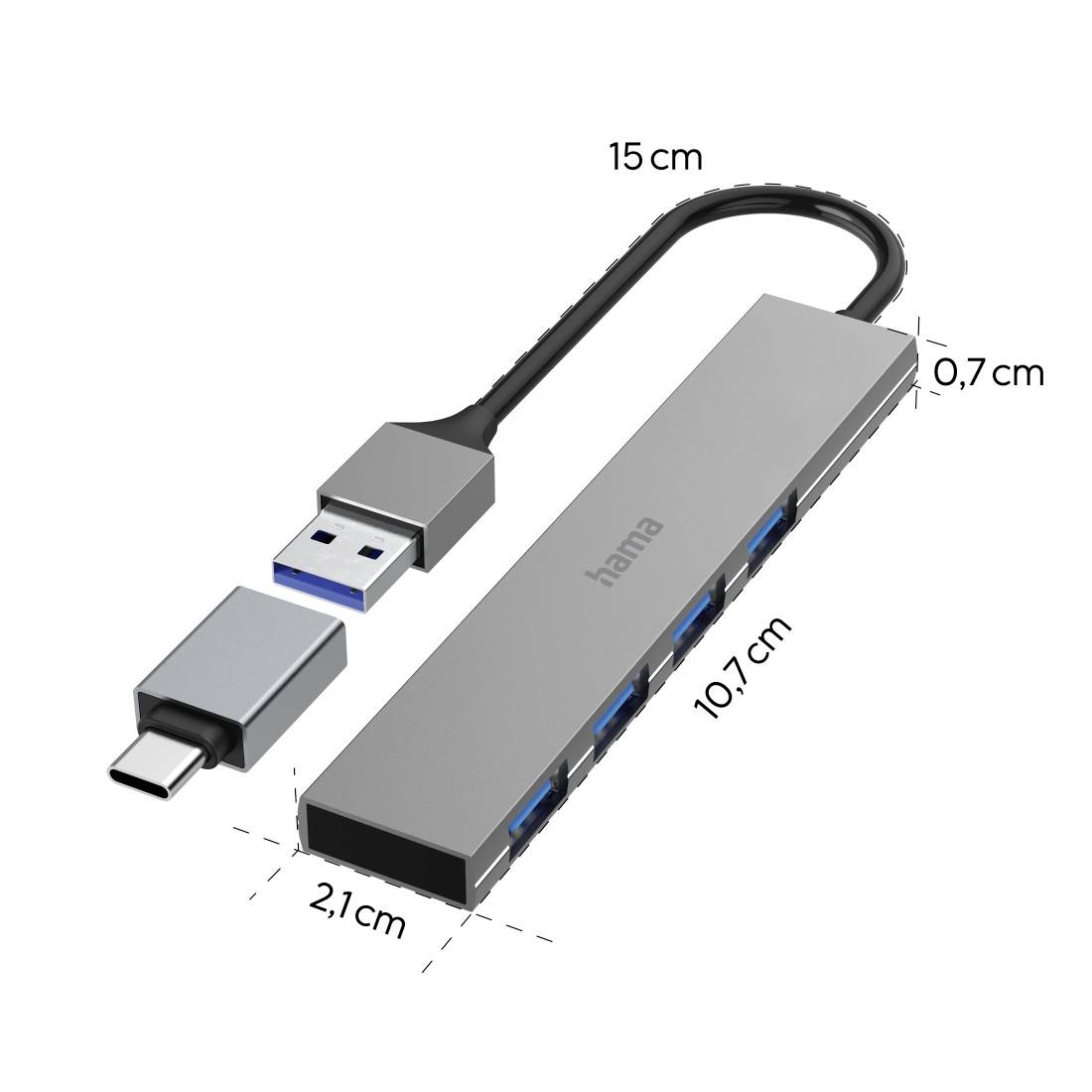 Een USB-hub met vijf USB-poorten en een USB-C-poort wordt naast een verwijderbare adapter getoond. Afmetingen: 15 cm lang.