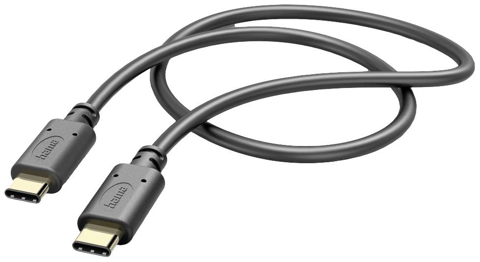 Zwart USB-C-kabel met twee aansluitingen, geschikt voor het verbinden van apparaten voor gegevensoverdracht of opladen.