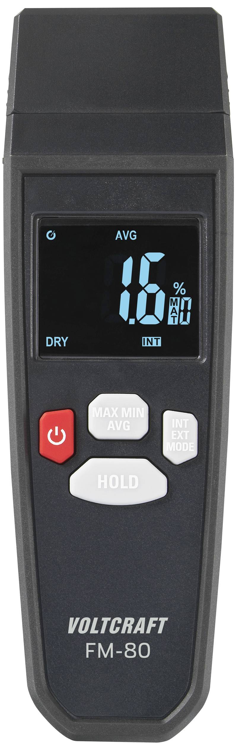 Digitaal meetapparaat met display, toont '1.6% GEM'. Knoppen: Aan/uit, Hold, Functie. Merk: Voltcraft FM-80.