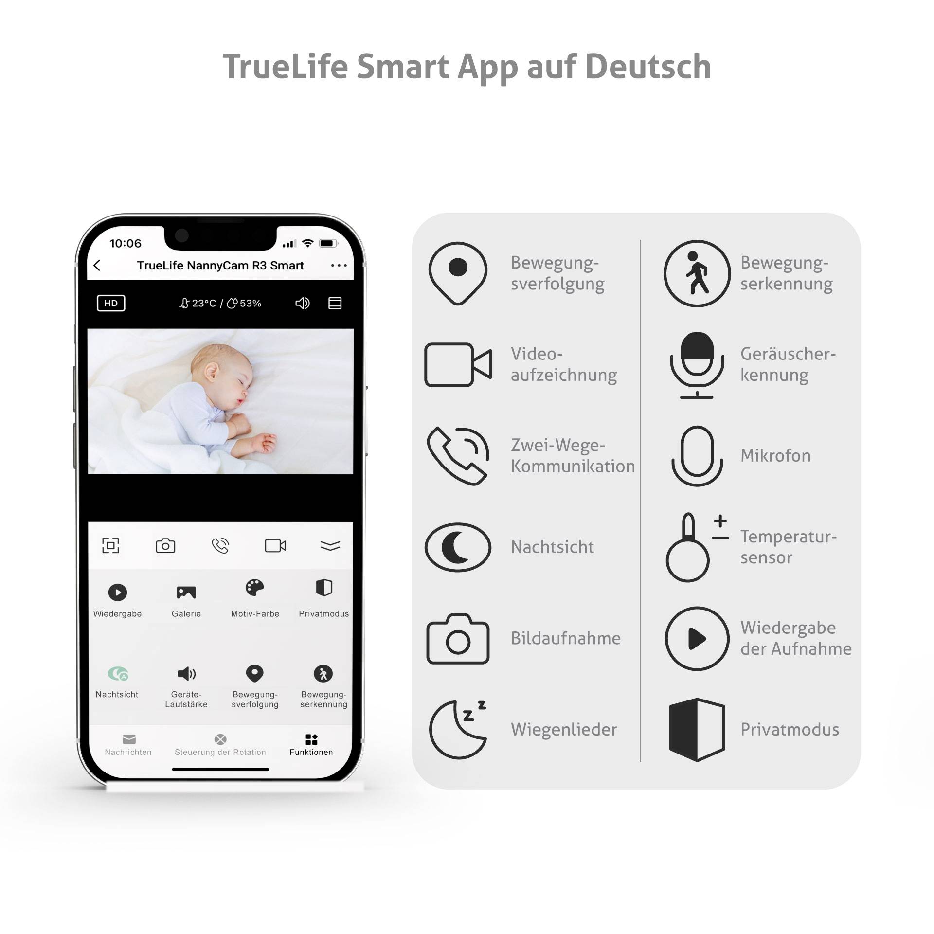 Een smartphone toont de 'TrueLife Smart App' in het Nederlands met functies zoals bewegingsdetectie, intercom, nachtzicht en meer, vergezeld van bijbehorende symbolen.