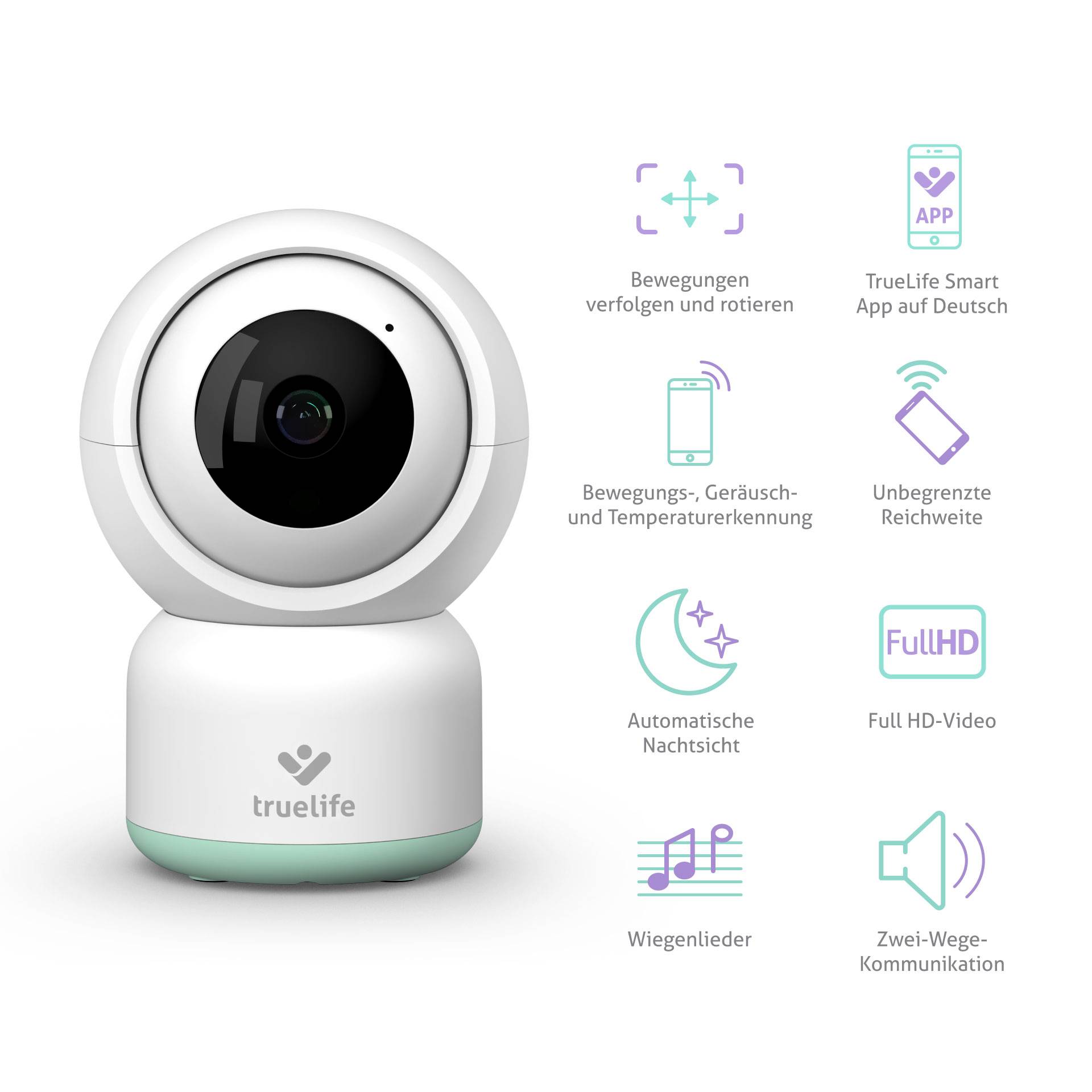 Een witte bewakingscamera van truelife met functies zoals bewegings-, geluid- en temperatuurdetectie, Full-HD-video, nachtzicht en tweewegscommunicatie.