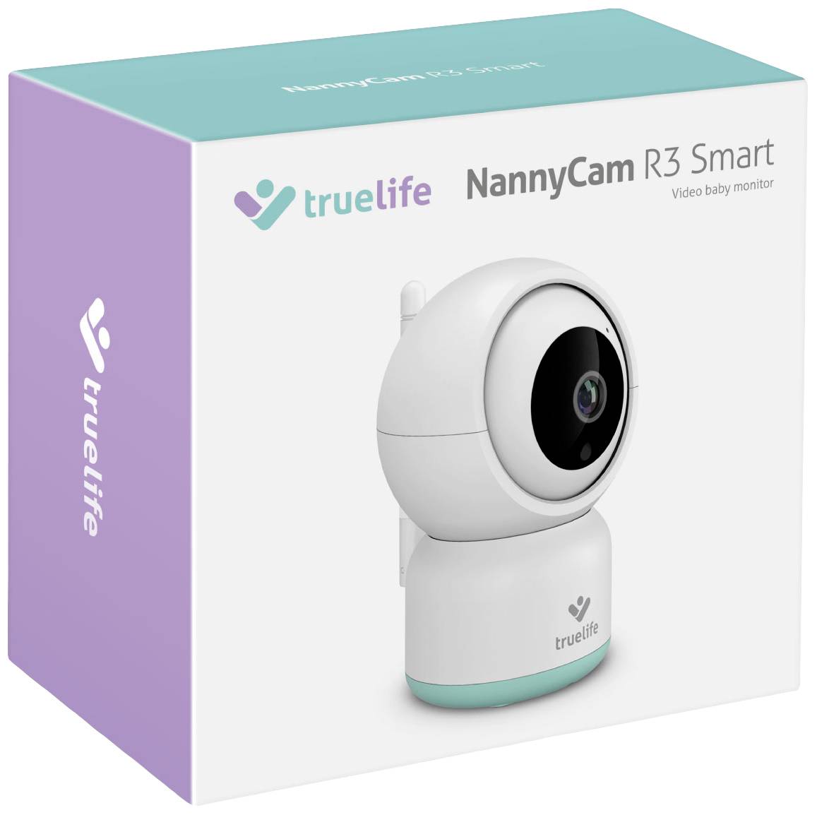 Verpakking van de 'NannyCam R3 Smart' van trueLife. Toont een camera voor videobewaking van baby's. Bevat merknaam en productpresentatie.