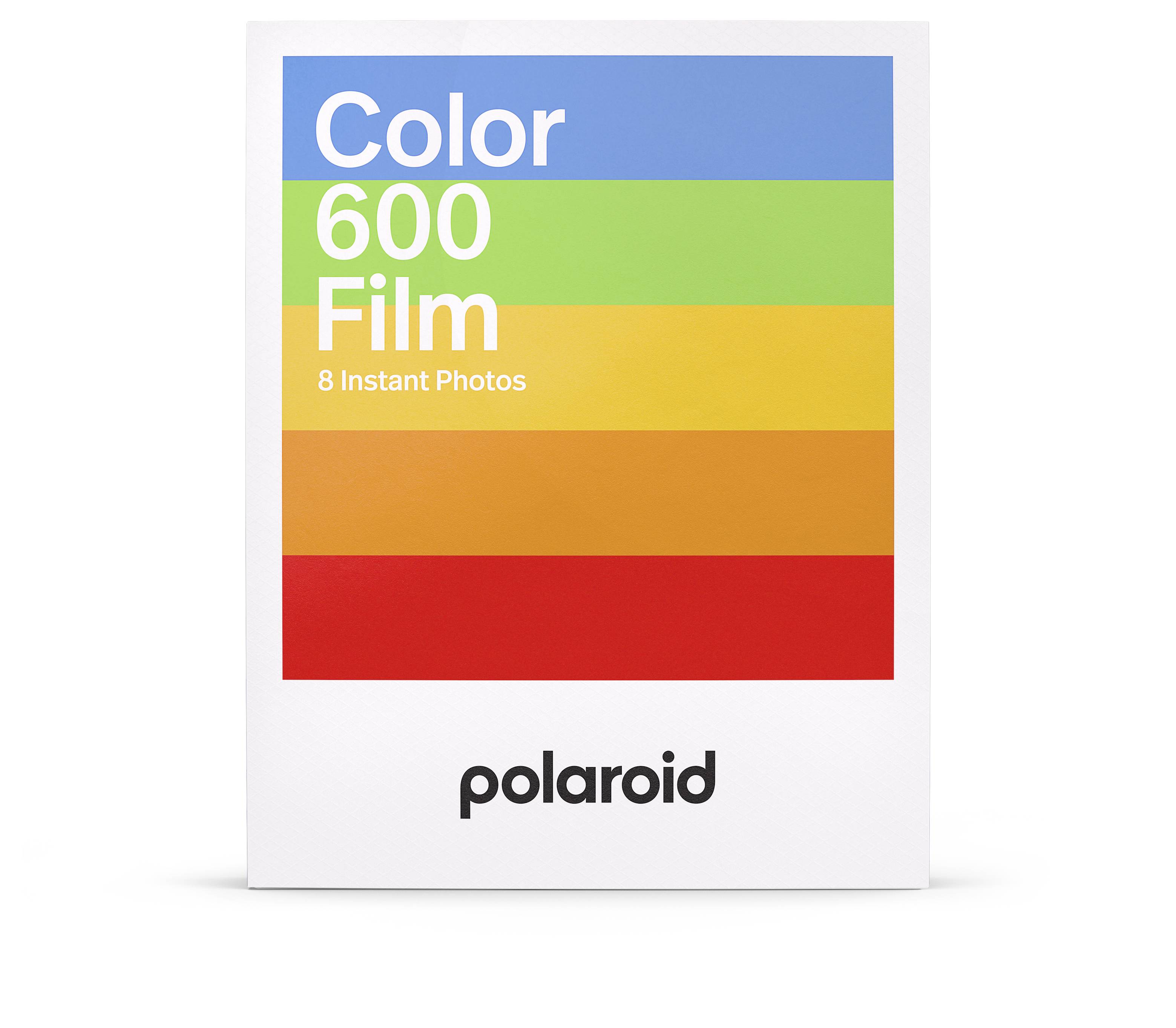 Verpakking voor 'Color 600 Film' van Polaroid, bevat 8 directe foto's, met kleurrijk regenboogstreepjesontwerp.