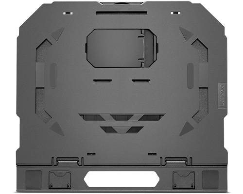Zwarte laptopstandaard met robuust, strak design en ventilatiesleuven. Geschikt voor ergonomisch laptopgebruik op het bureau.