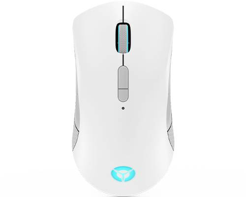 Witte draadloze computermuis met een blauw logo aan de voorkant en antislip zijgrepen.