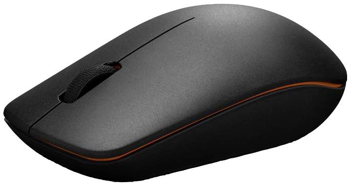 Zwarte draadloze computermuis met ergonomisch ontwerp en oranje accent aan de zijkant.