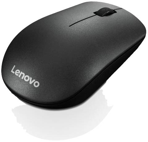 Zwarte draadloze Lenovo-muis met scrollwiel, op een witte achtergrond.