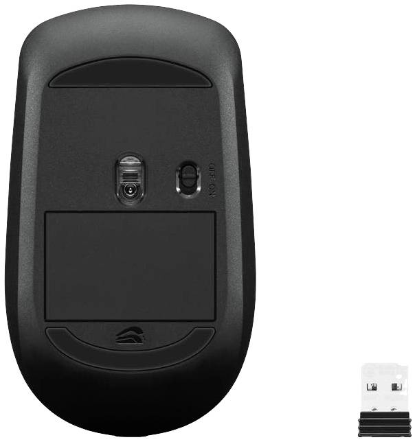 Een draadloze computermuis met geopend batterijvak staat afgebeeld naast een USB-ontvanger.