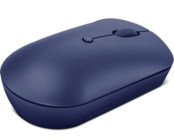 Een draadloze, donkerblauwe computermuis met een scrollwiel, geschikt voor ergonomisch werken op de pc of laptop.