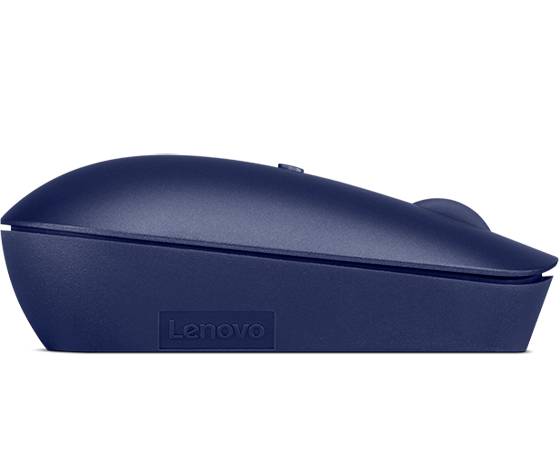 Blauwe draadloze Lenovo-muis gezien van opzij, toont gladde oppervlakte en compact ontwerp.