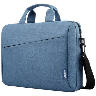 Een blauwe laptoptas met rits en twee handgrepen. Aan de voorkant bevindt zich een diagonale zak.