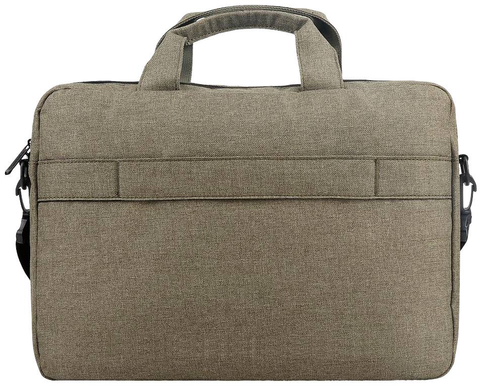 Een bruine stoffen laptoptas met twee handgrepen en een rits. Hij is strak en functioneel ontworpen.