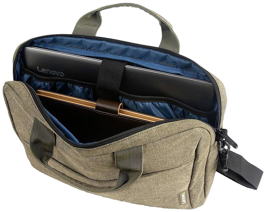 Bruine laptoptas van stof, geopend met twee binnenvakken. Een zwarte laptop bevindt zich in een van de gewatteerde vakken.