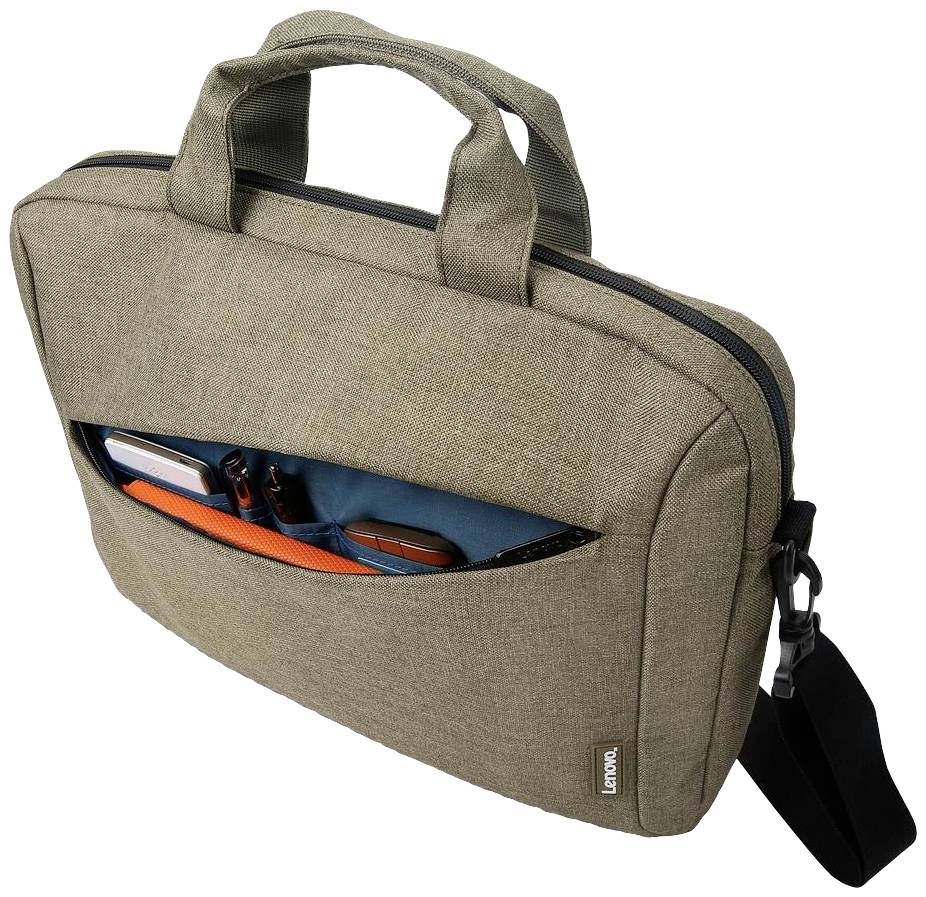 Een beige laptoptas met twee handgrepen en een schouderriem. De tas heeft een ritsvak met pennen en elektronische apparaten.