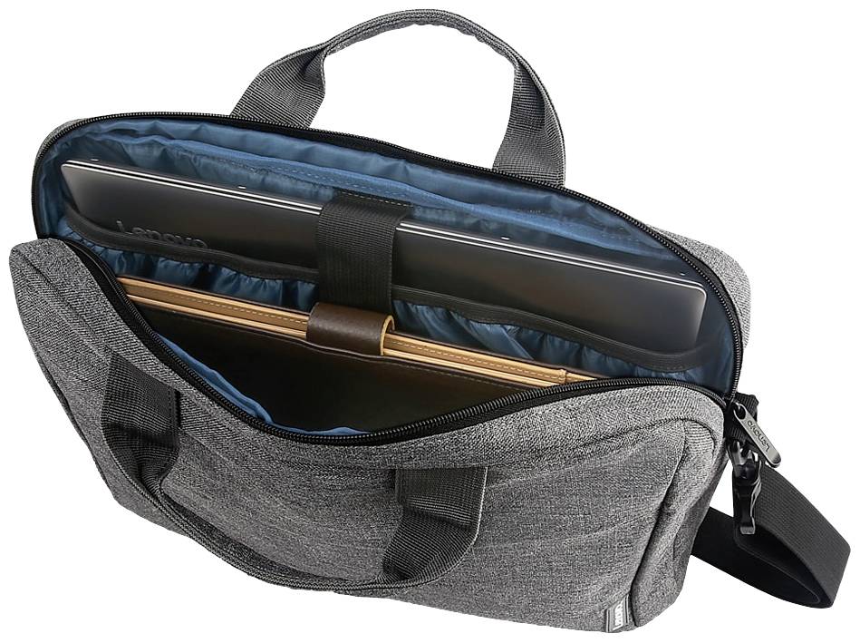 Grijze laptoptas met brede rits geopend, toont een laptop en een bruine map aan de binnenkant.