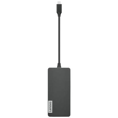 Een zwarte Lenovo-oplader met USB-C-aansluiting, verticaal gepositioneerd.