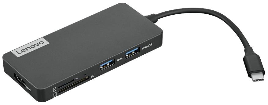 Een zwarte Lenovo-adapter met USB-C-aansluiting biedt twee USB-poorten, een HDMI-uitgang en een SD-kaartsleuf.