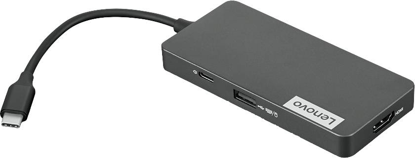 Een zwarte Lenovo USB-C-hub met meerdere poorten, waaronder USB-A, HDMI en een SD-kaartslot, voor uitbreiding van de aansluitingsmogelijkheden.