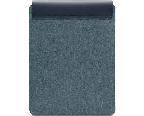 Een donkergroene stoffen tas met een zwarte leren afwerking bovenaan, vermoedelijk bedoeld voor een tablet of laptop.