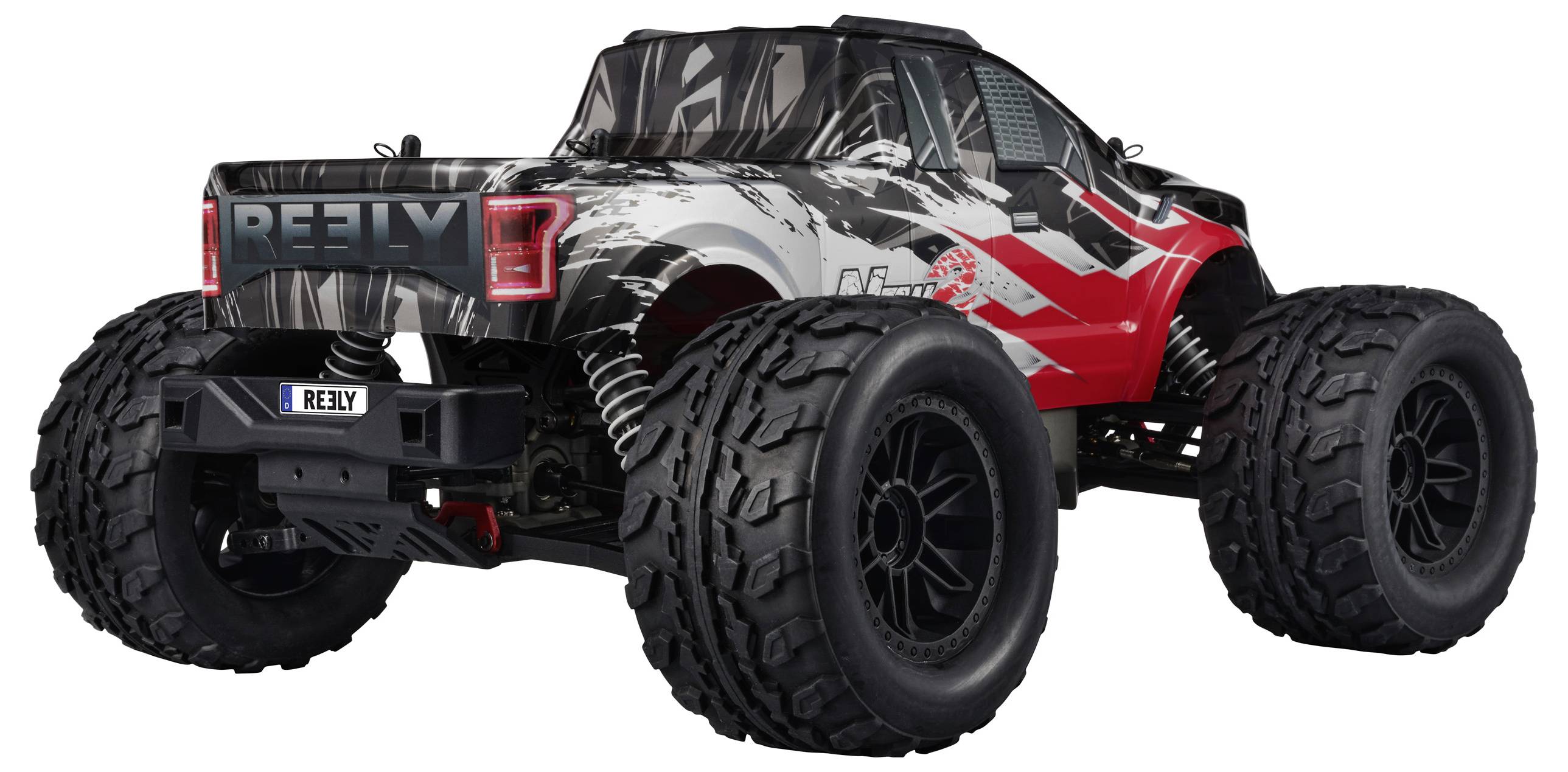 Een afstandsbediend, opvallend monstertruck-model met grote banden en een kleurrijk design, geschikt voor robuuste terreinavonturen.