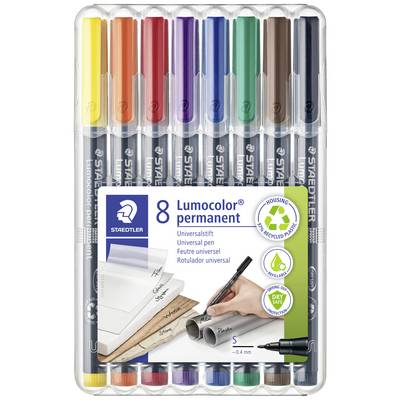 'Staedtler Lumocolor' set van 8 permanente universele stiften in verschillende kleuren. Bruikbaar op papier, glas, plastic.