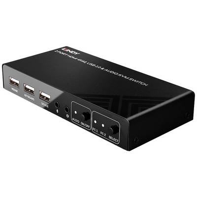 2-Poorts HDMI 4Kx2K USB 2.0 & Audio KVM-Switch in het zwart, met aansluitingen voor muis, toetsenbord, audio en twee apparaatselectieknoppen.