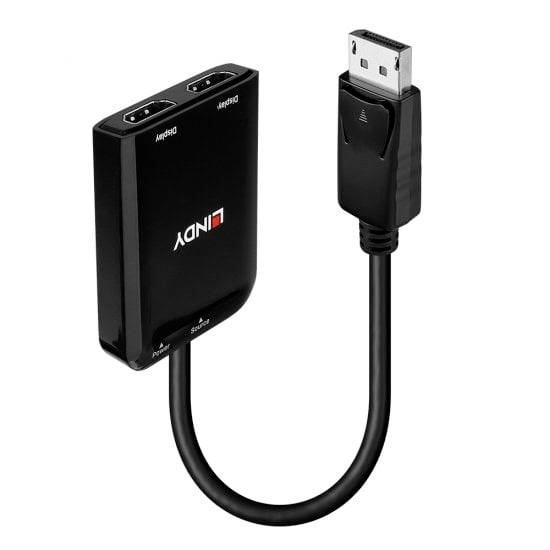 Een zwarte DisplayPort-splitter met twee HDMI-uitgangen en een DisplayPort-stekker, geschikt voor het aansluiten van apparaten op meerdere schermen.