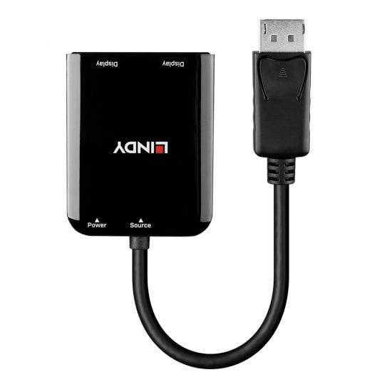 'Zwarte adapter met kabel. Bovenaan de tekst 'Display'. Onderaan: 'Power', 'Source'.'
