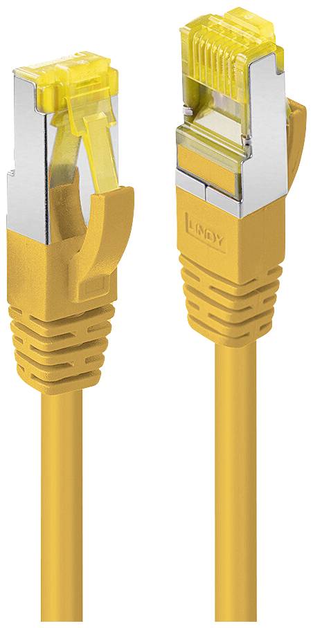 Twee gele Ethernet-kabels met metalen connectoren. Eén toont de vooraanzicht, de andere de achteraanzicht van de stekker.