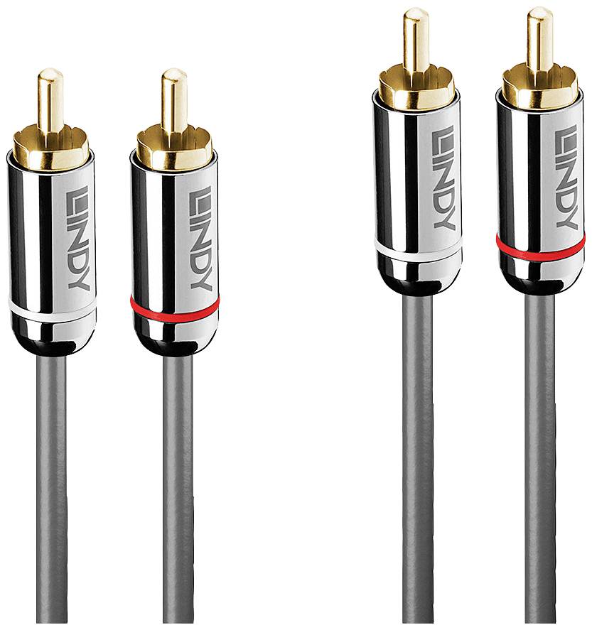 Twee paar audiokabels met vergulde RCA-pluggen en LINDY-aanduiding; links rood gemarkeerd, rechts zwart.