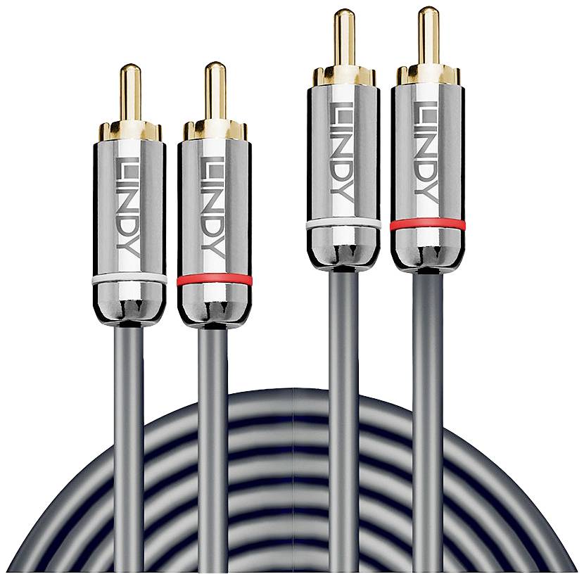 Twee paar cinch-audiokabels in zilver en grijs met gouden connectoren, het linker paar zonder markering, het rechter met rode en witte ringen.