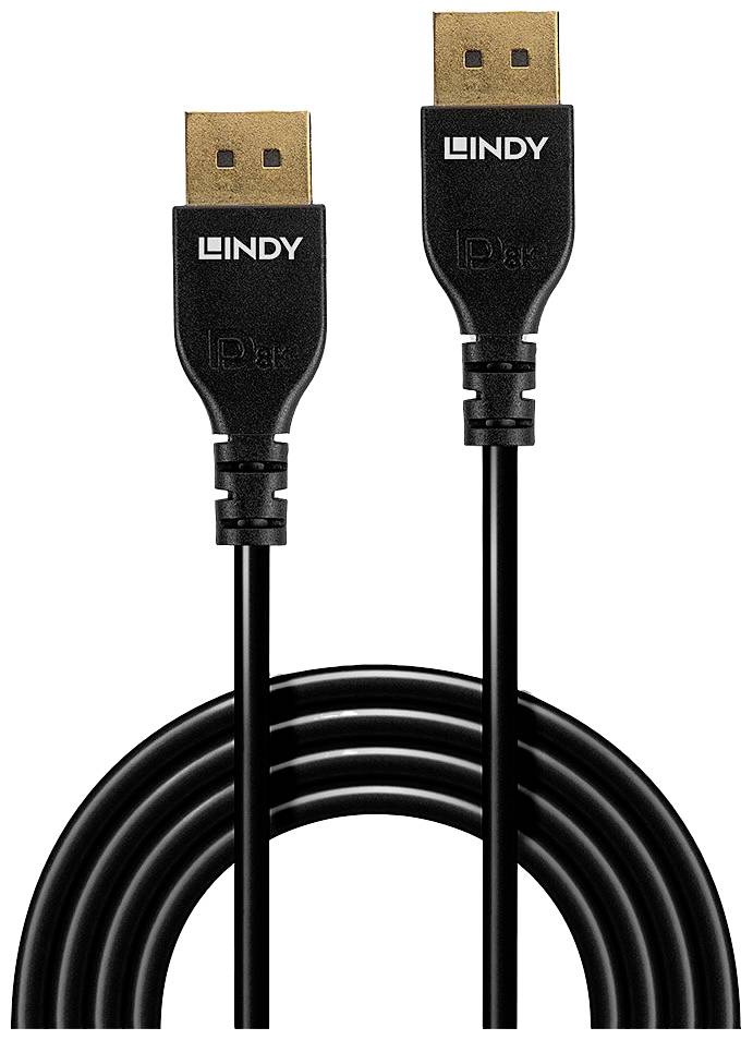 Zwart USB-kabel met vergulde connectoren, merknaam 'Lindy' zichtbaar op de connectoren, op een witte achtergrond.