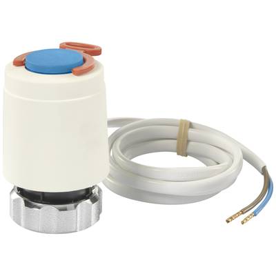 Een elektrische aandrijving met blauwe en rode markering, verbonden met een kabel, toont open kabeluiteinden. Geschikt voor verwarmingssystemen.