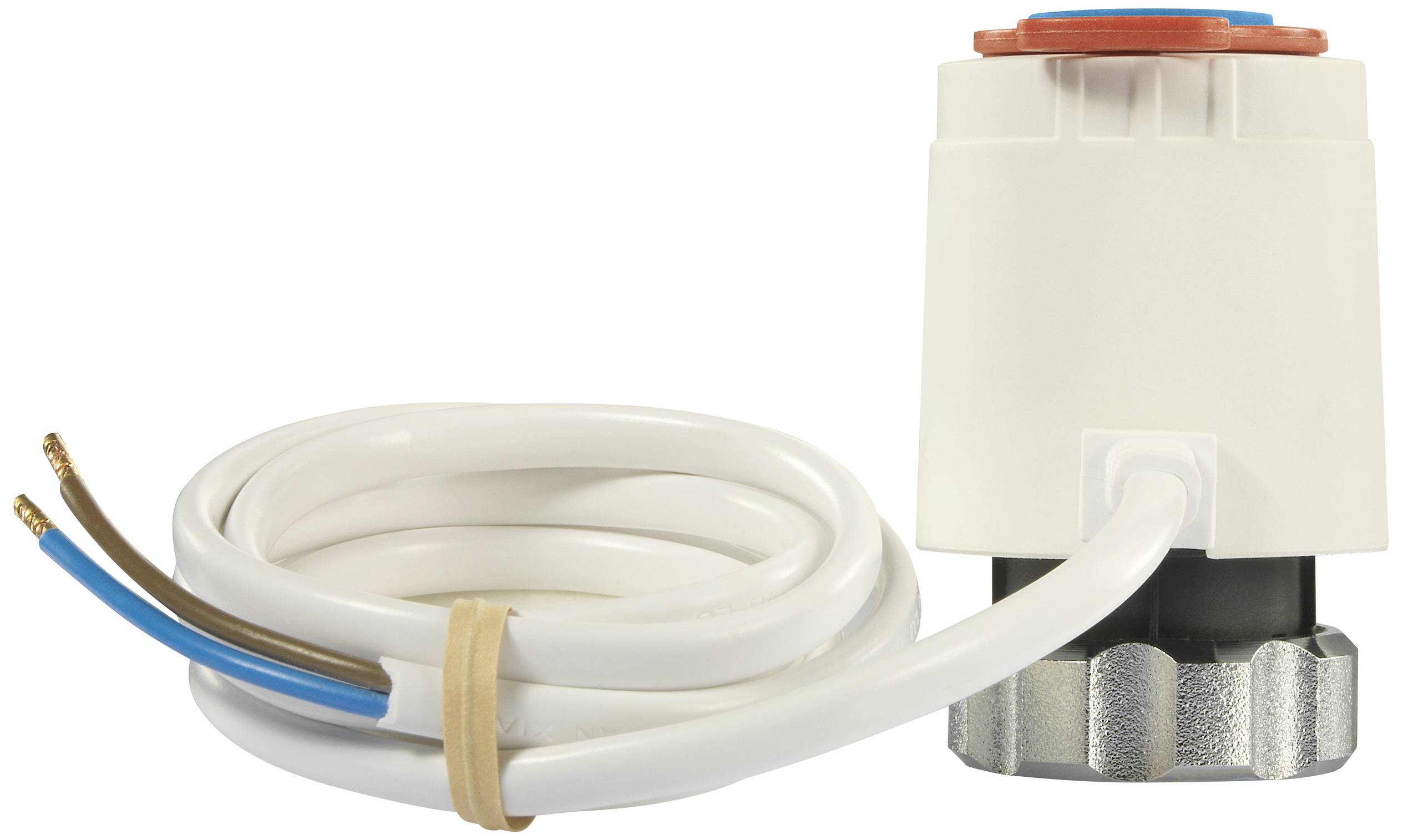 Een wit radiatorthermostaatventielen met kabel en blootgelegde draden, gebruikt voor het regelen van de kamertemperatuur.