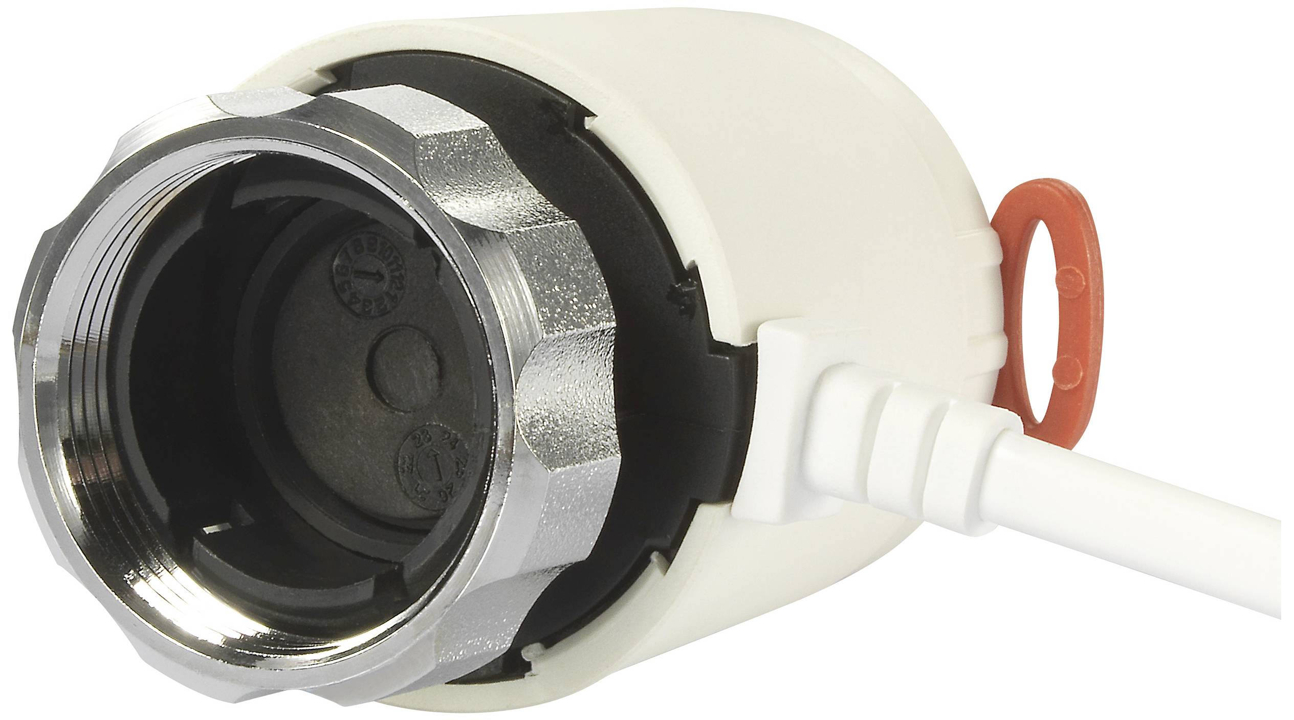 Elektronische radiatorthermostaat close-up met schroefaansluiting en kabel. Voornamelijk in wit en metaalkleuren uitgevoerd.