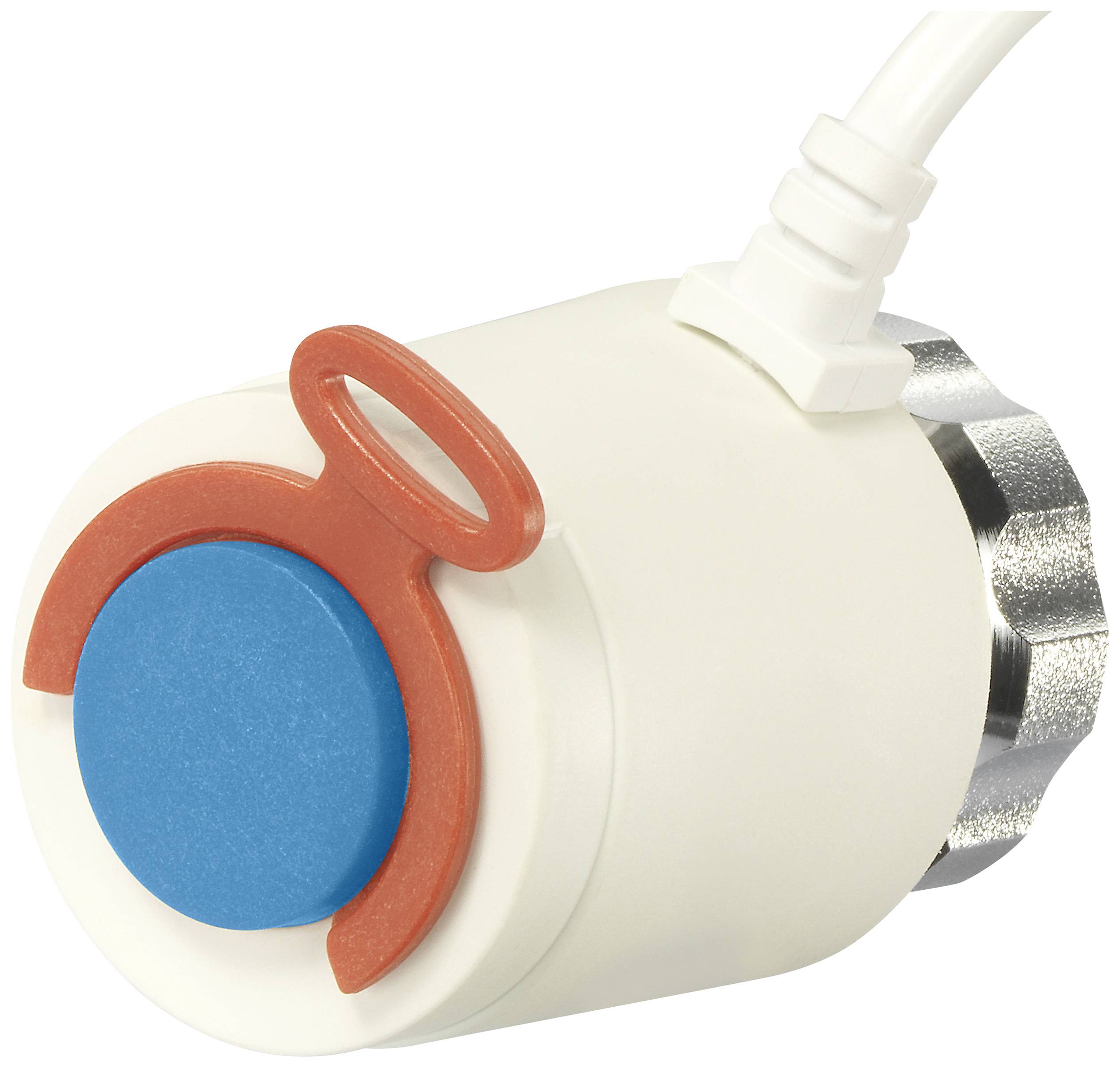 Een witte elektrische schakelaar met een blauwe knop en een rode ring. Een kabel is aangesloten.