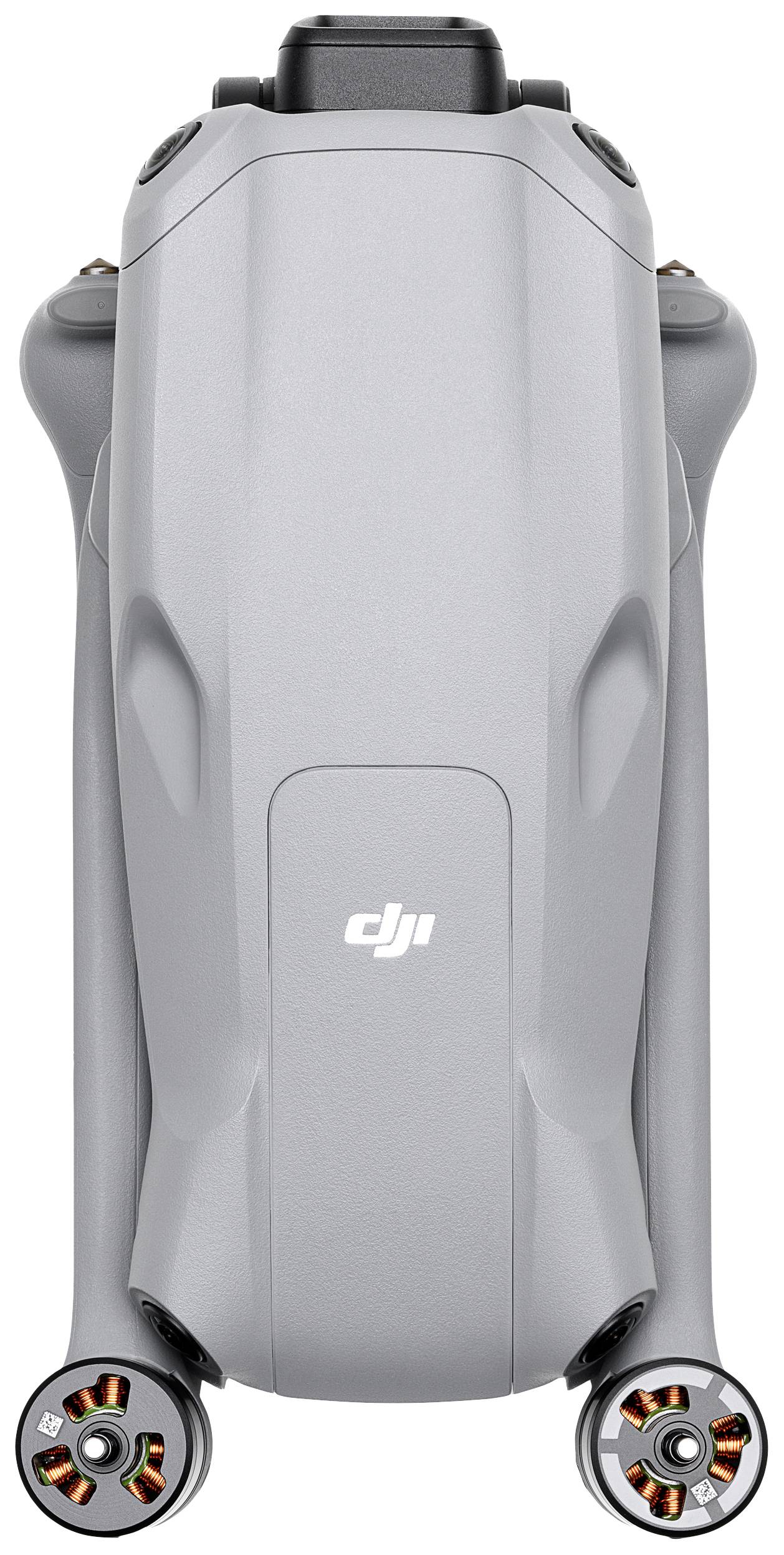 Grijze drone van bovenaf gezien met ingeklapte propellers, gemarkeerd met 'DJI'-logo.