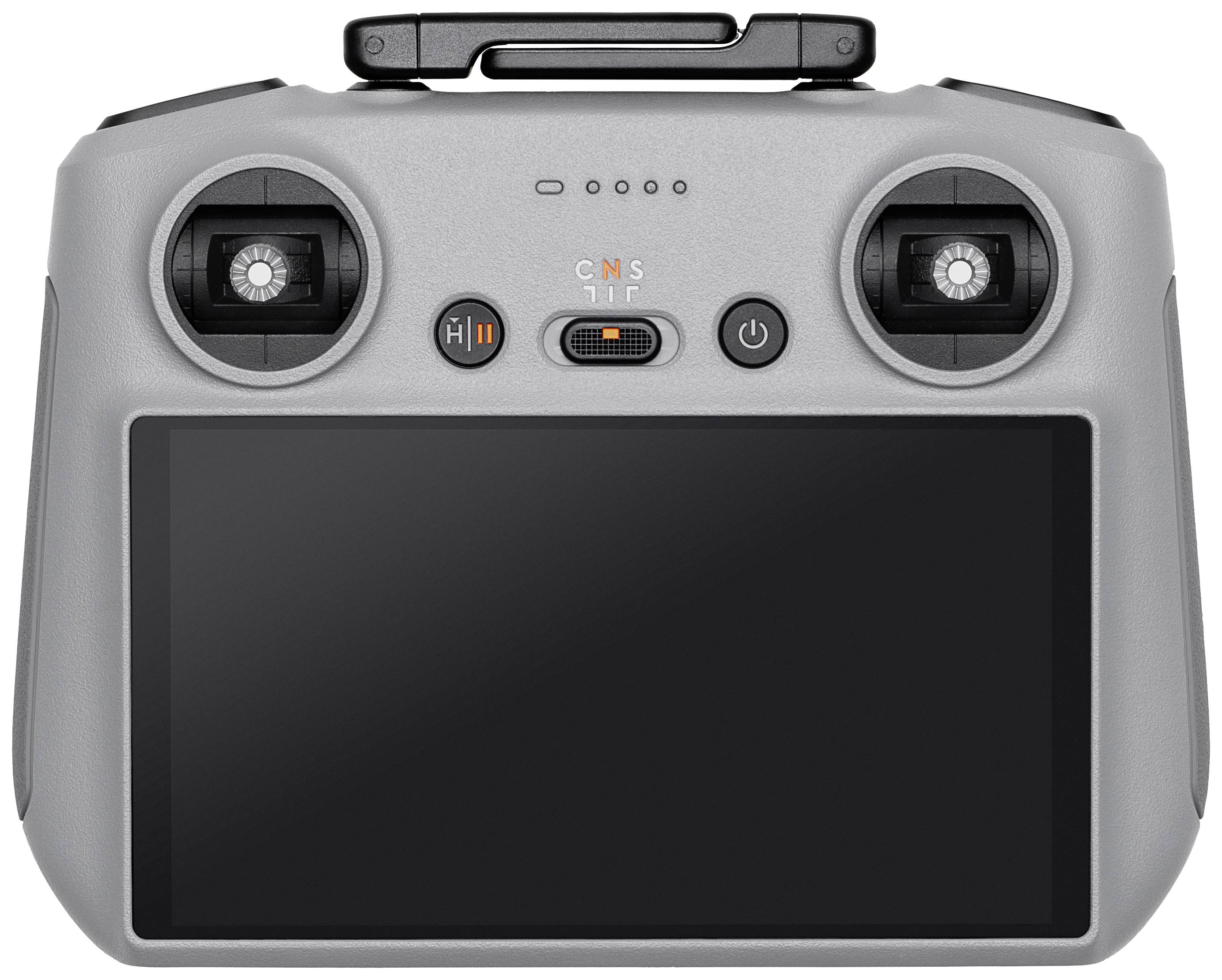 Een grijze handheld-controller met twee joysticks en daaronder een display. Verschillende knoppen voor bediening zijn eveneens aanwezig.