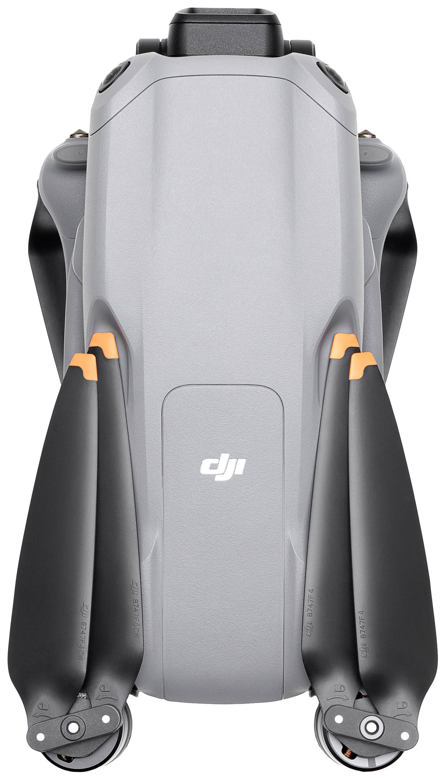 Een gevouwen drone in grijs met zwarte propellers en oranje accenten. Het DJI-logo is zichtbaar.